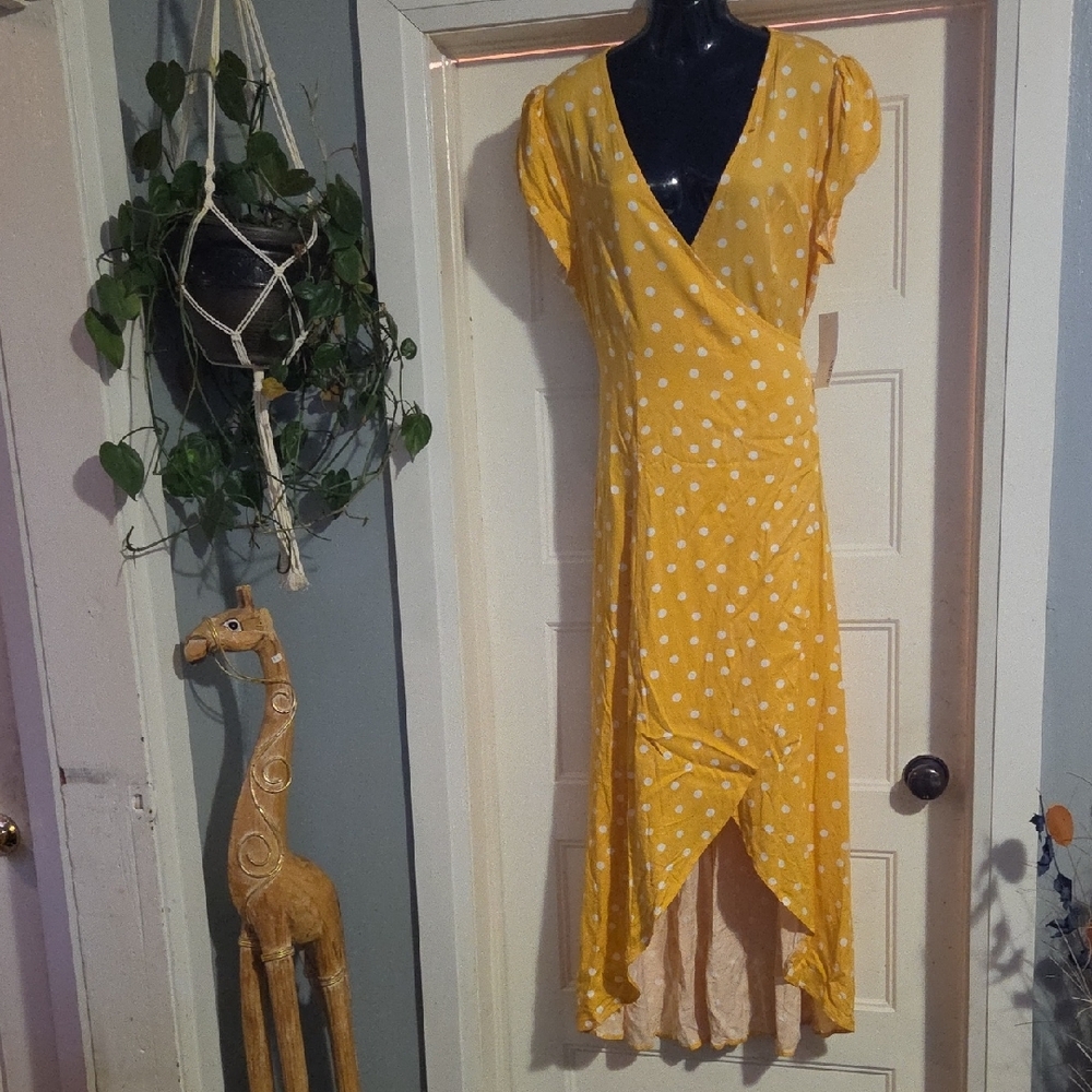JustFab Yellow Polka Dot High-Low Wrap Dress